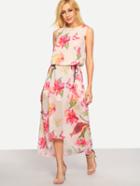 Romwe Sleeveless High-low Flower Print Chiffon Dress - Pink