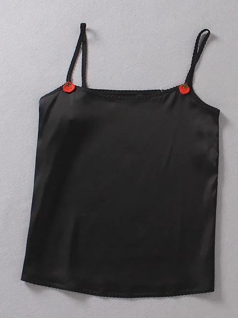 Romwe Black Strawberry Embroidery Spaghetti Strap Top