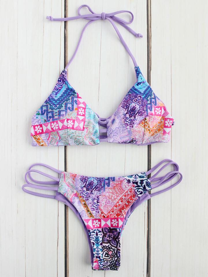 Romwe Mixed Print Ladder Cutout Bikini Set