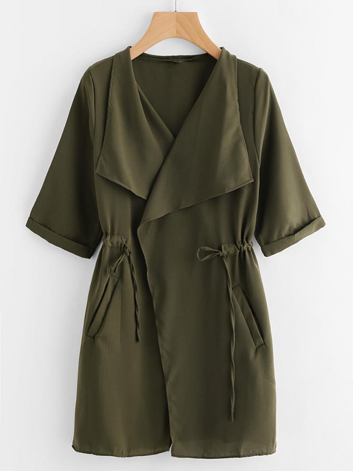 Romwe Drawstring Waist Cuffed Trench Coat