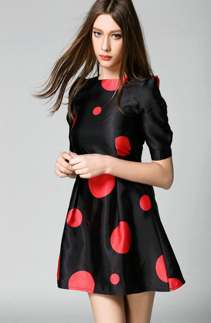 Romwe Short Sleeve Polka Dot A-line Dress