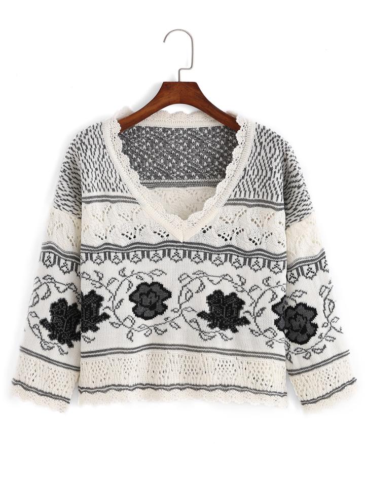 Romwe V Neck Floral Crop Black Knitwear