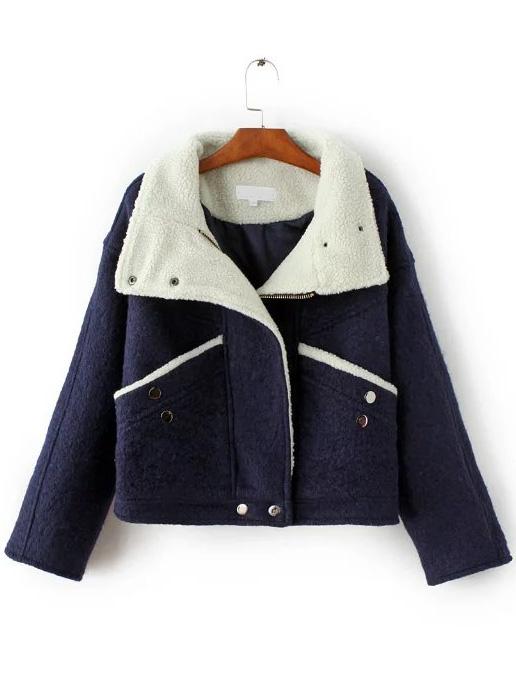 Romwe Navy Button Up Wool Blend Coat