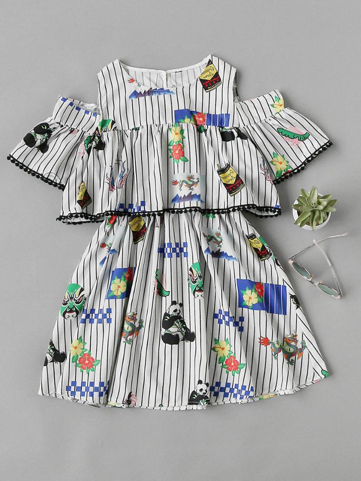Romwe Open Shoulder Stripe Printed Random Layered Dress