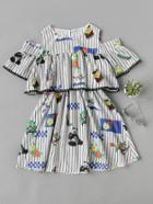 Romwe Open Shoulder Stripe Printed Random Layered Dress