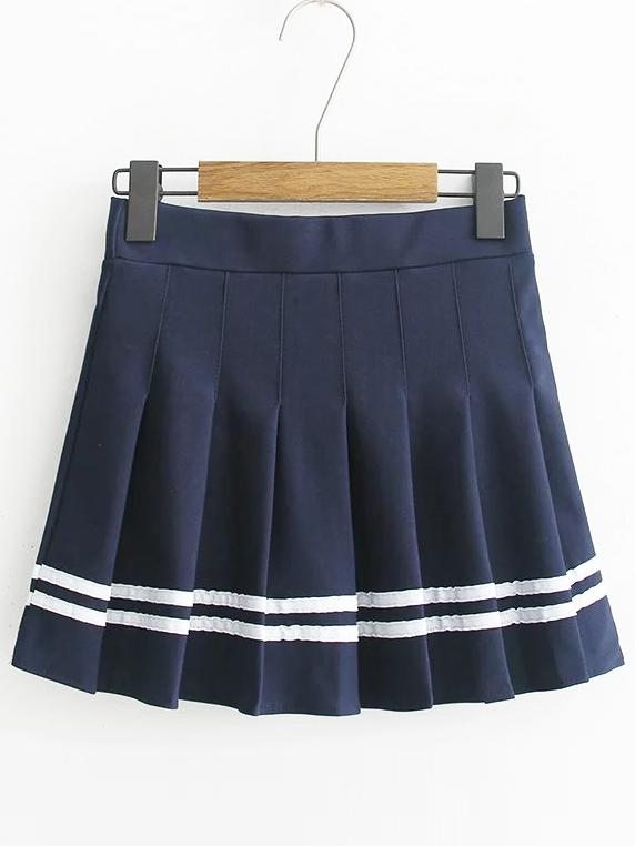 Romwe Striped Trim A Line Pleated Skirt