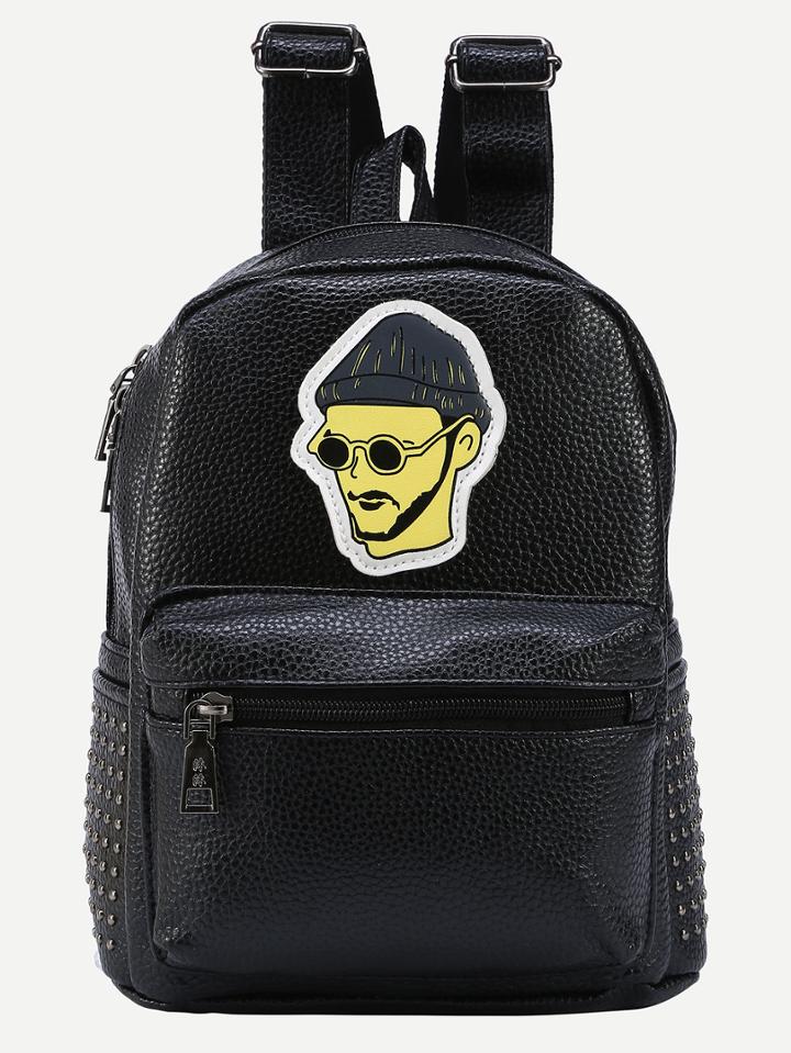 Romwe Studded Cartoon Portrait Patch Backpack - Black