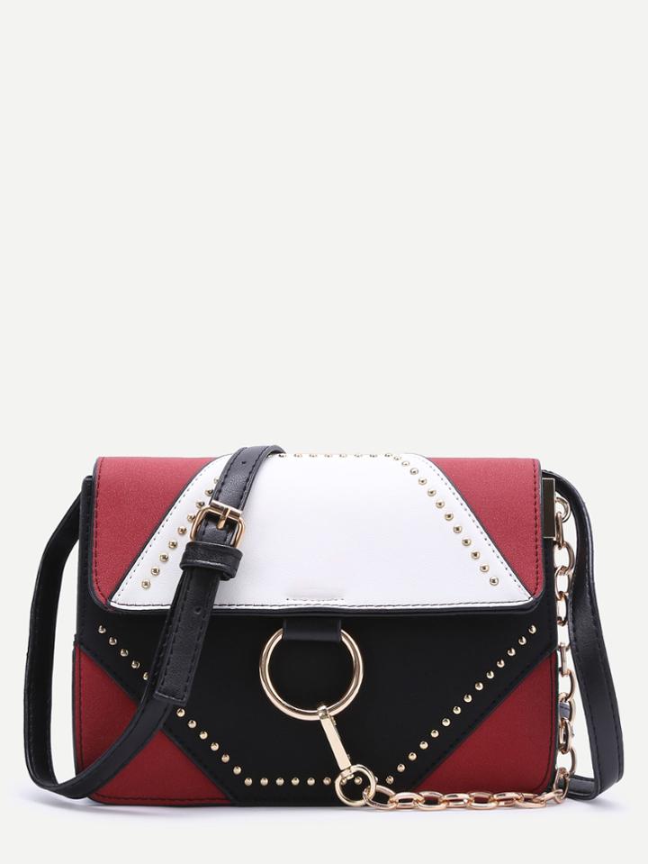 Romwe Color Block Studded Chain Detail Shoulder Bag