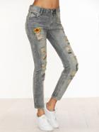 Romwe Pale Blue Embroidered Patches Ripped Jeans
