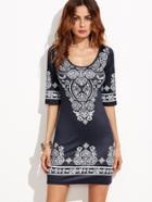 Romwe U Neck Vintage Print Bodycon Dress