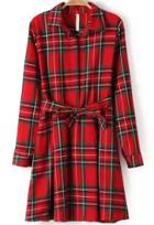 Romwe Red Lapel Long Sleeve Plaid Belted Dress