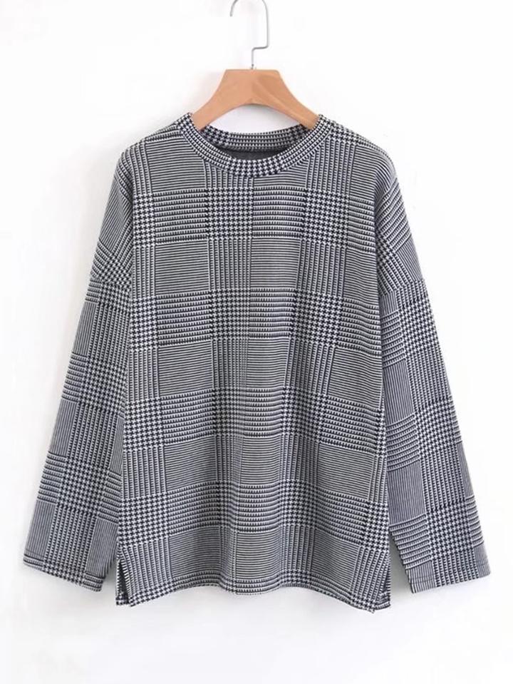 Romwe Side Slit Houndstooth Blouse