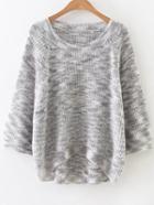 Romwe Grey Marled Knit Raglan Sleeve Dip Hem Sweater