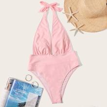 Romwe Ruched Open Back Halter Monokini