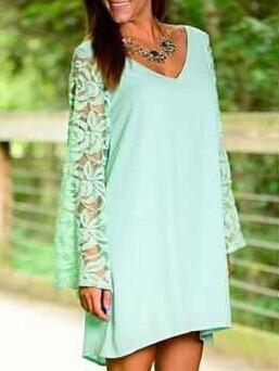 Romwe V Neck Bell Sleeve Crochet Shift Dress
