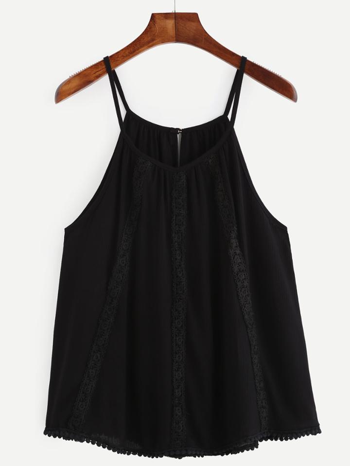 Romwe Black Lace Trim Keyhole Back Cami Top