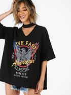 Romwe Choker V-neck Drop Shoulder Print Tee