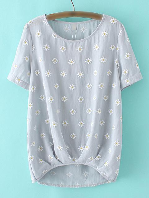 Romwe Grey Marguerite Applique Dipped Hem Blouse