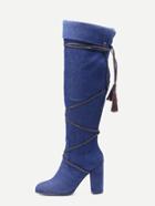 Romwe Blue Faux Suede Fringe Fold Over Boots