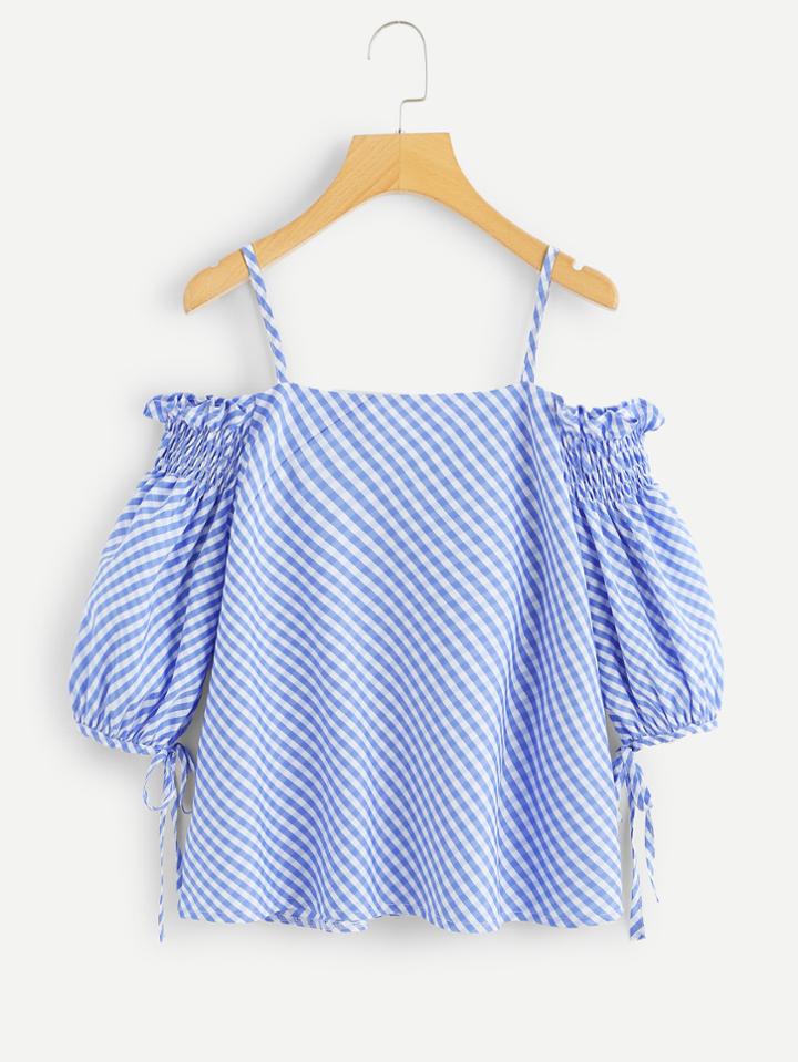 Romwe Open Shoulder Knot Sleeve Checked Top
