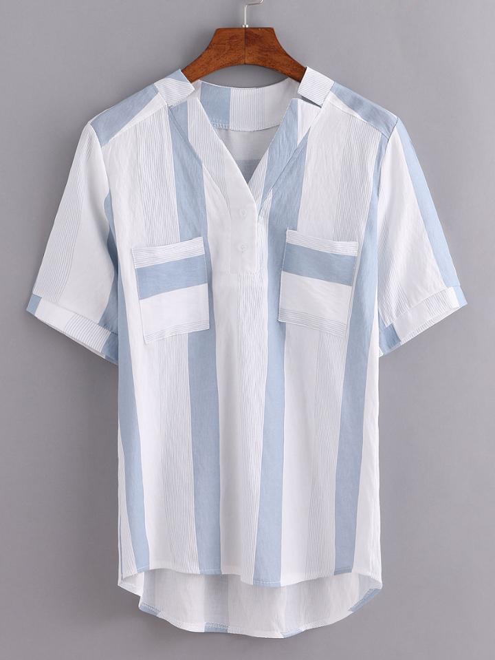 Romwe V-neck Dual Pocket Front Blue Striped Blouse