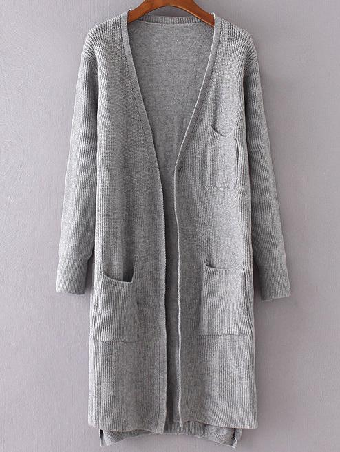 Romwe Grey Front Pocket Side Slit Dip Hem Long Cardigan