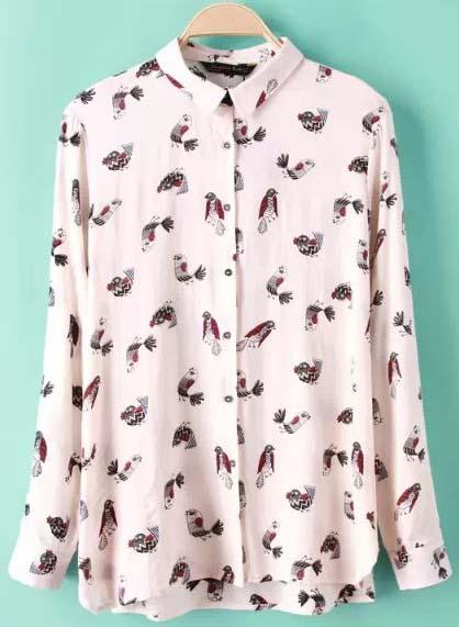 Romwe White Long Sleeve Birds Print Blouse