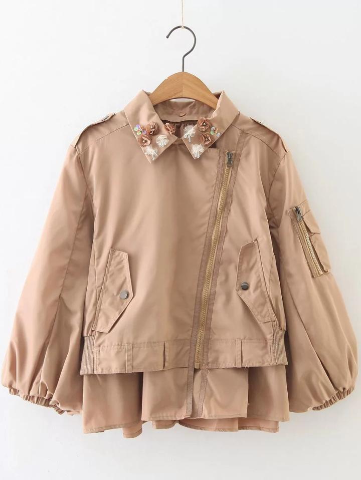Romwe Khaki Flower Detail Oblique Zipper Coat