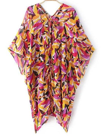 Romwe Multicolor Batwing Sleeve Lace Up Front Print Dress