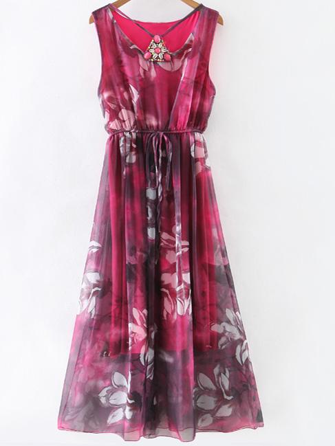 Romwe Red Gem Beadings Flower Print Tie Waist Maxi Dress