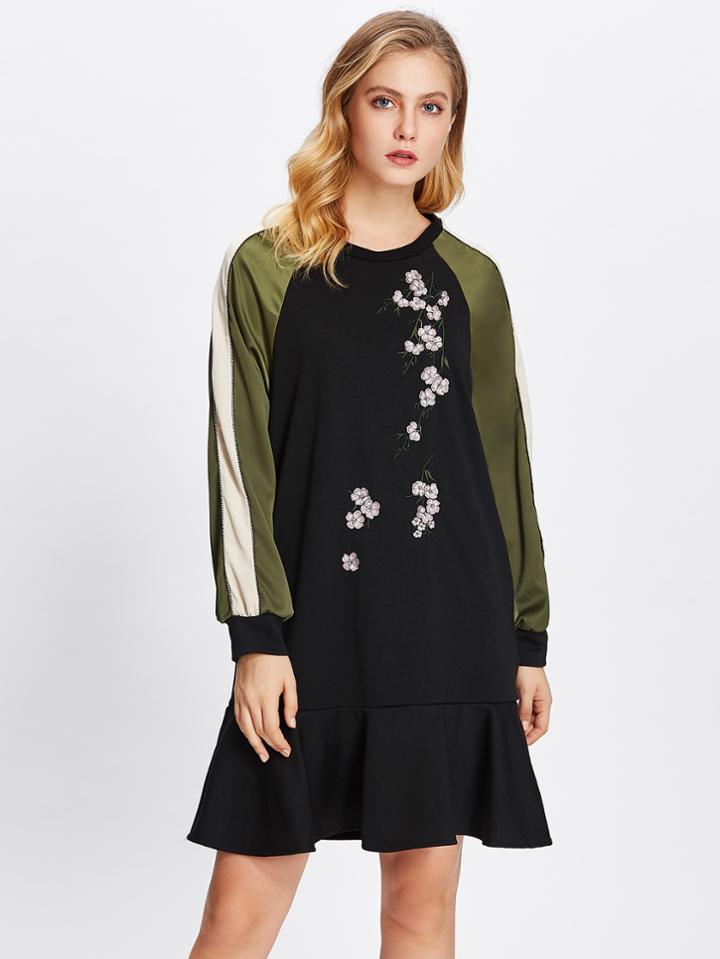 Romwe Cut And Sew Raglan Sleeve Embroidered Ruffle Dress