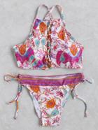 Romwe Multicolor Printed Lace Up Design Bikini Set