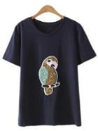 Romwe Black Short Sleeve Parrot Sequined T-shirt