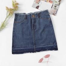 Romwe Denim Raw Trim Skirt