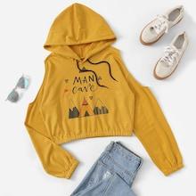 Romwe Cold-shoulder Letter Print Drawstring Hoodie