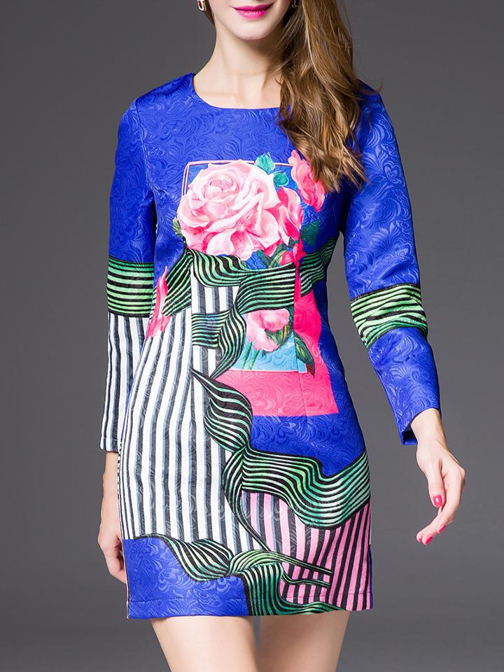 Romwe Blue Round Neck Length Sleeve Print Jacquard Dress