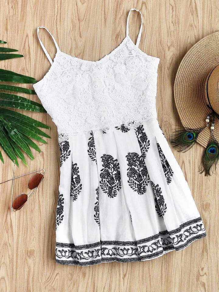 Romwe Aztec Print Lace Panel Zip Back Cami Romper