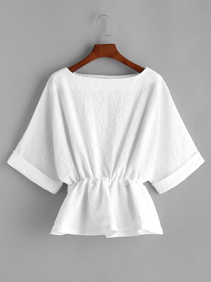 Romwe White Elastic Waist Raglan Sleeve Cuffed Blouse