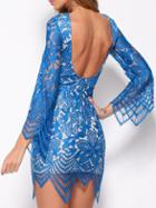 Romwe Bell Sleeve Open Back Lace Asymmetrical Blue Dress