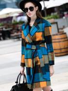 Romwe Multicolor Lapel Long Sleeve Tie-waist Check Print Coat