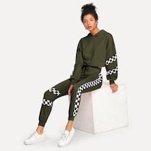 Romwe Plaid Panel Hooded Top With Drawstring Pants