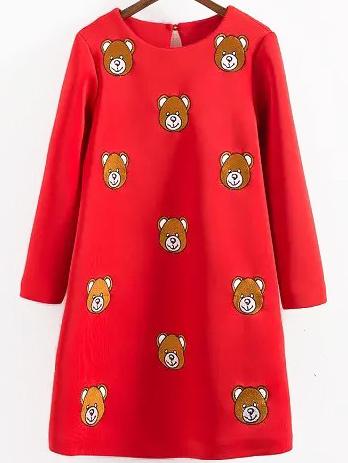 Romwe Bear Embroidered Straight Red Dress
