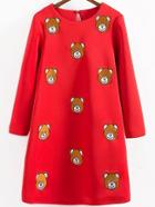 Romwe Bear Embroidered Straight Red Dress