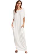 Romwe Beige Short Sleeve Shift Maxi Dress With Pocket