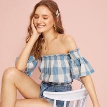 Romwe Plaid Print Frill Blouse