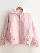 Romwe Pink Letter Embroidery Contrast Hooded Zipper Coat