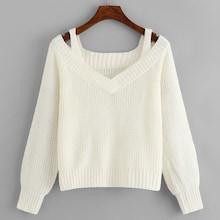 Romwe Cold Shoulder V Neck Sweater