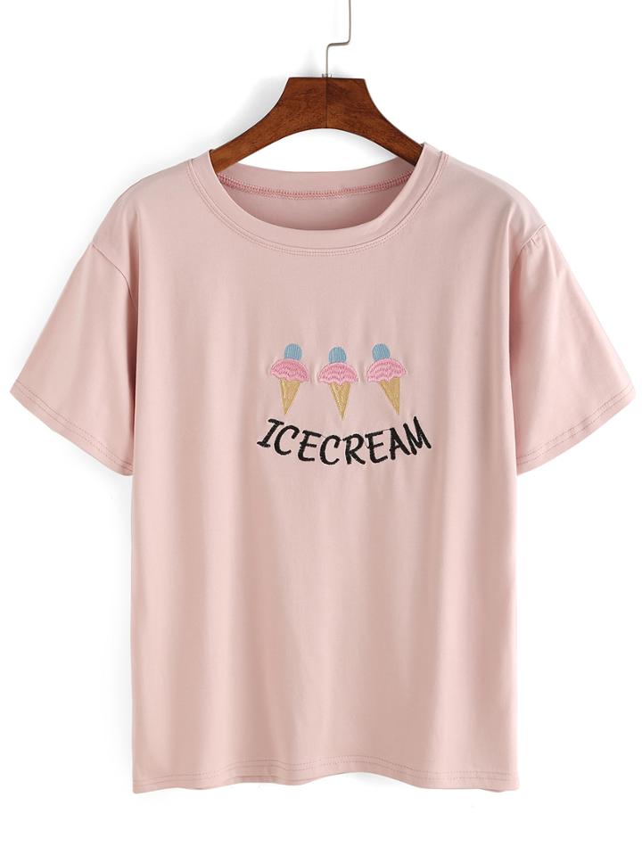 Romwe Ice Cream Embroidered T-shirt