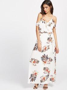 Romwe Frill Trim Open Tie Back Slit Dress