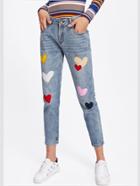 Romwe Heart Embroidered Patches Jeans